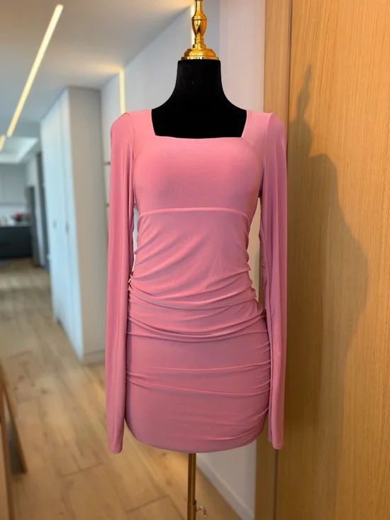 Club London Rose Pink Ruched Long Sleeve Mini Dress | Sculpted Muse - Picture 1 of 6